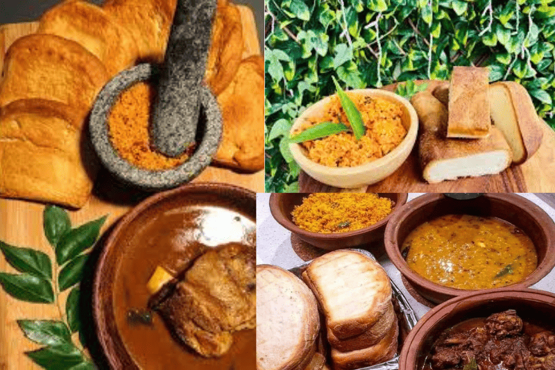 Roast pan with dhal curry and Sambol